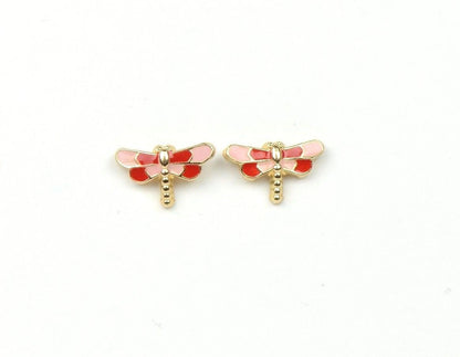 14k Yellow Gold Baby Enamel dragonfly earrings with Screw Back