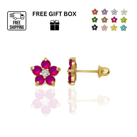 14k Yellow and White Gold CZ Flower Birthstone Stud Screw Back Earrings