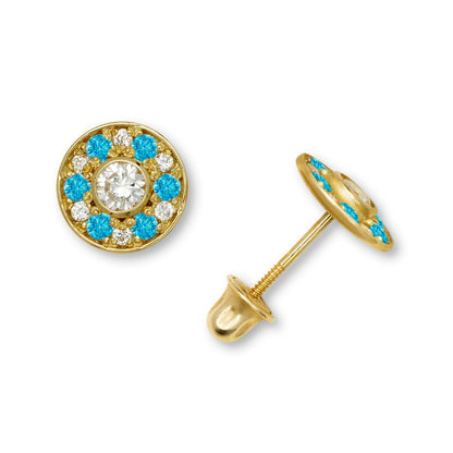 14K Yellow & White Gold Round Shaped Beautiful CZ Earrings for Girls