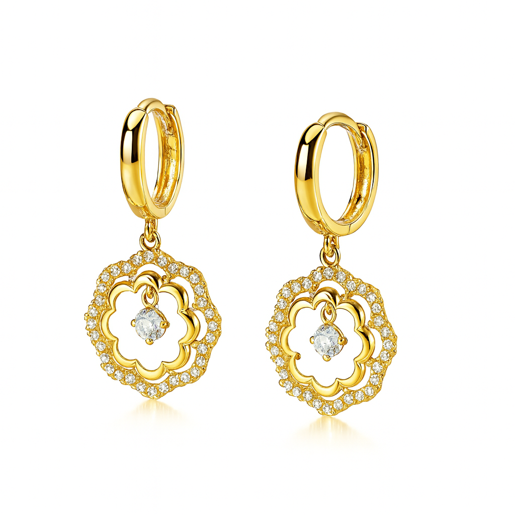 14k Yellow / White Gold Dangle CZ Flower Huggie Earrings