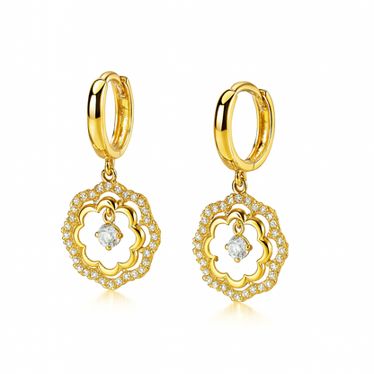 14k Yellow / White Gold Dangle CZ Flower Huggie Earrings