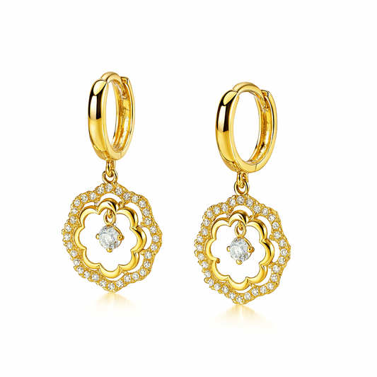 14k Yellow / White Gold Dangle CZ Flower Huggie Earrings