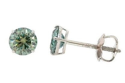 14K Gold GRA Certified D-VVS1 Round Green Moissanite Screw Back Studs Earrings