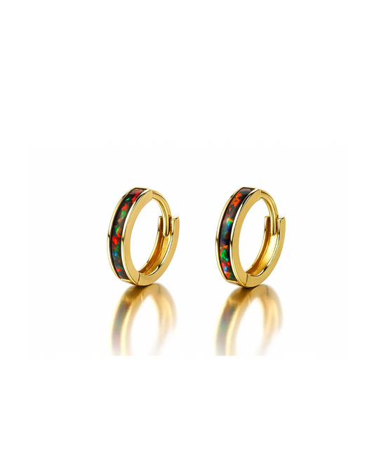 14k Yellow Gold One Row Black Opal Huggie Hoop Earrings