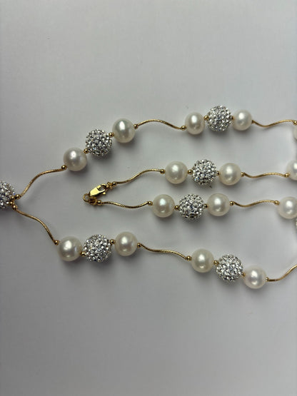 14K Yellow Gold Freshwater Pearl Necklace with Czech Crystal for Women