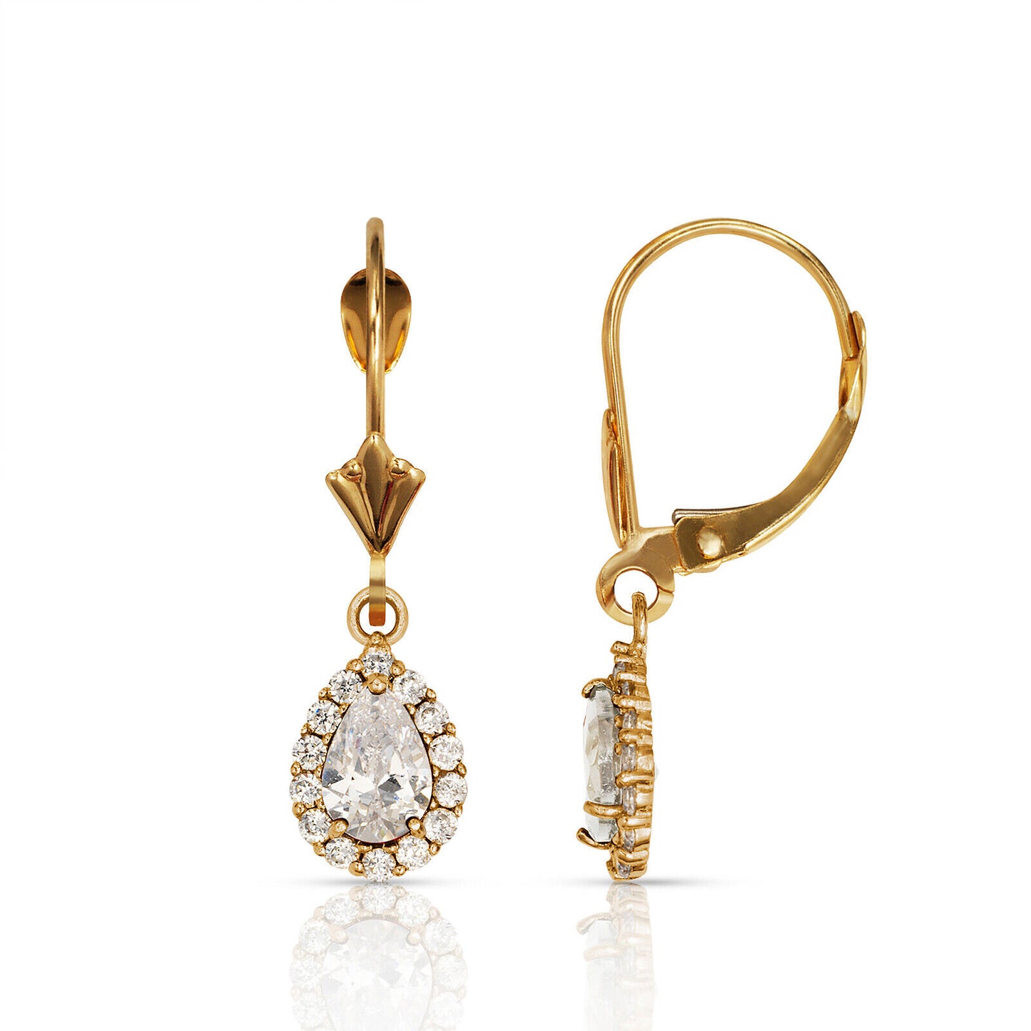14k Yellow Gold Halo CZ Tear Drop Dangle Leverback Earrings