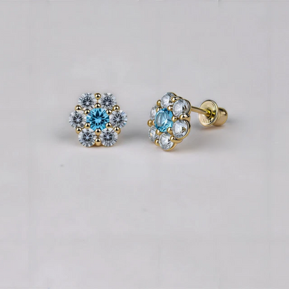 14K Yellow Gold Beautiful Flower CZ Stud Earrings for Women