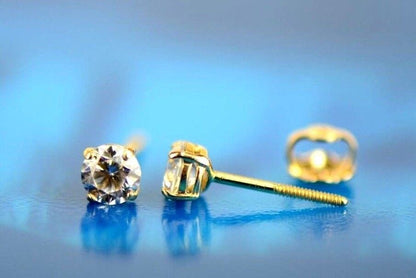 14k Heavy Basket Yellow Gold Round AAA Quality CZ Stud with Screw Back