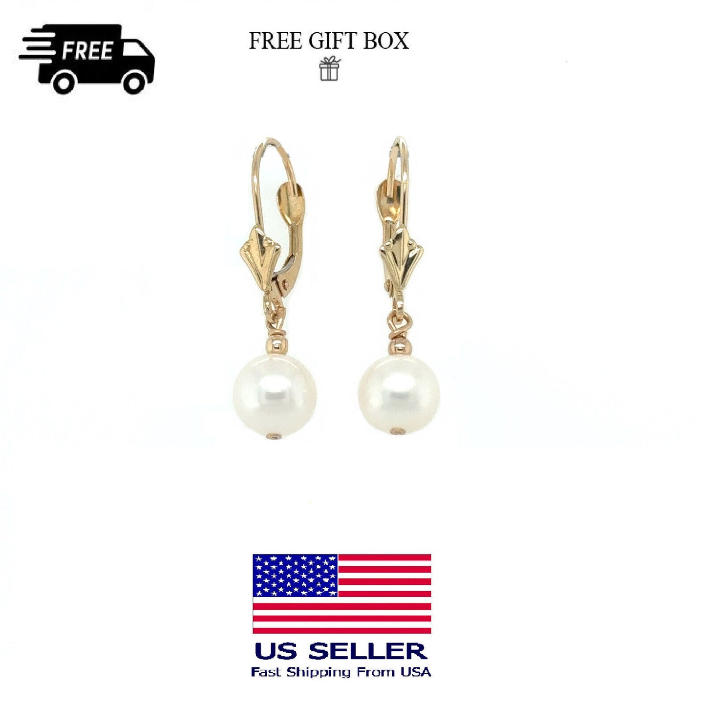 14K Yellow Gold Lever Back  Earrings with Genuine Perl