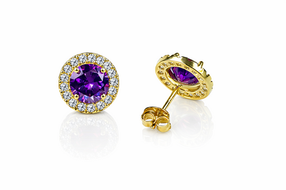 14K Solid Yellow Gold Round Halo CZ Stud Push Back Earrings