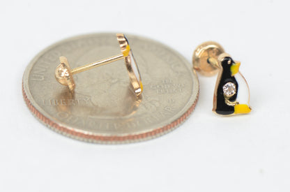 14k Yellow Gold Beautiful Enamel and CZ Penguin Baby Earrings, Screw Back