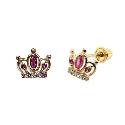 14K Solid Yellow Gold Crown Screw Back CZ Stud Earrings