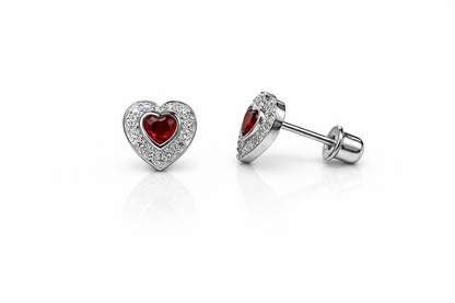 14k Solid White Gold Halo Heart Stud Earrings