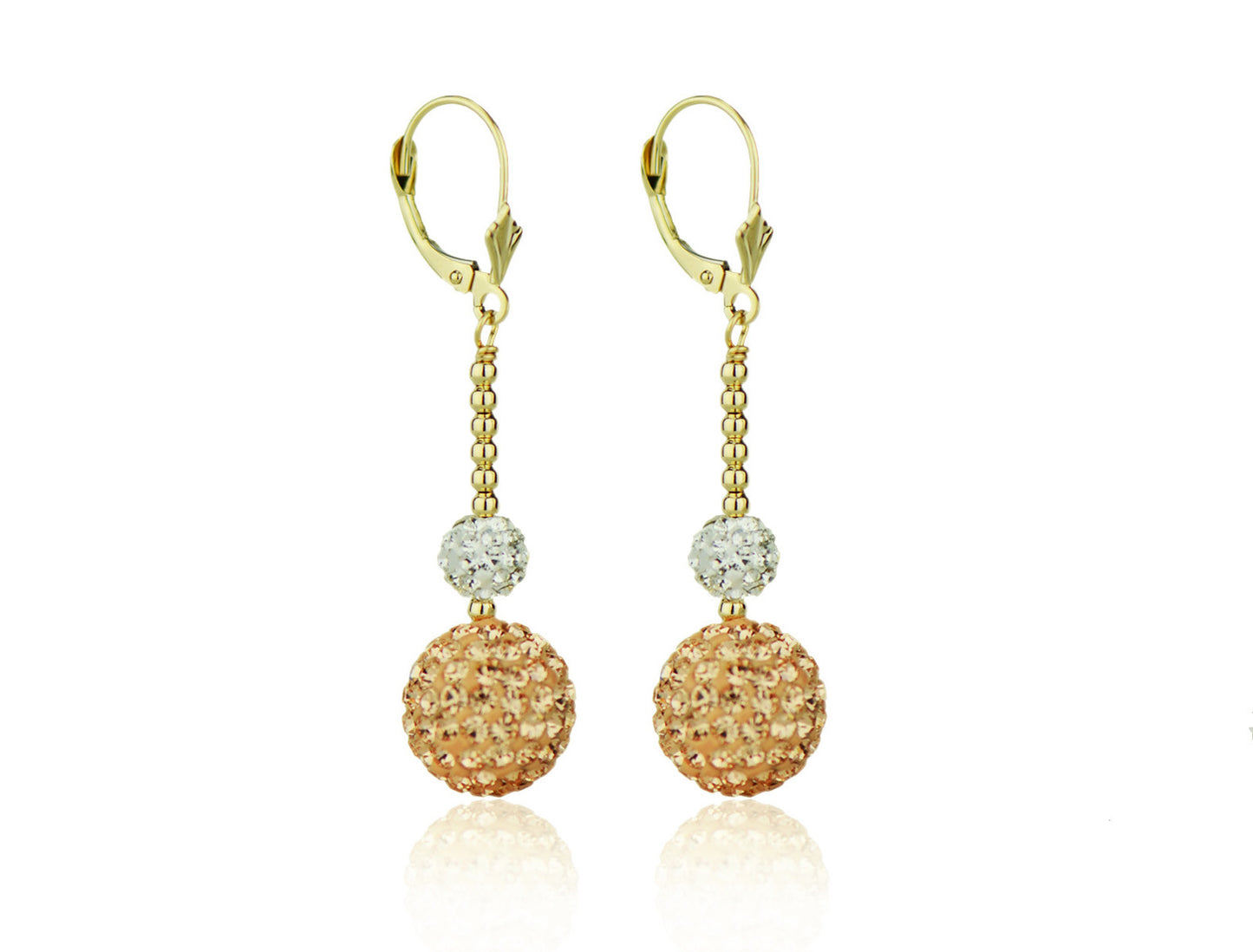 14K Yellow Gold Lever Back Dangle Ball Earrings with Genuine Czech Crystals.