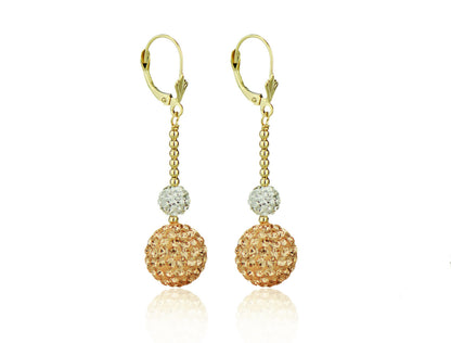 14K Yellow Gold Lever Back Dangle Ball Earrings with Genuine Czech Crystals.