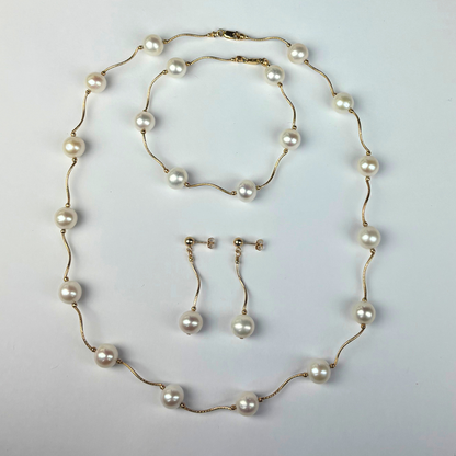 14K Yellow Gold Beautiful Freshwater Pearl  Necklace Set for Women