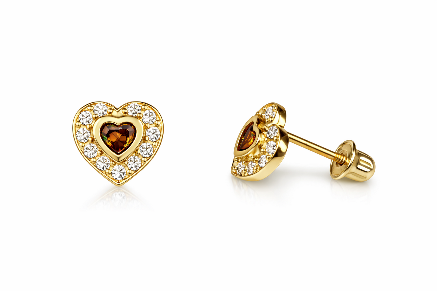14k Solid Yellow Gold Halo Heart Stud Earrings