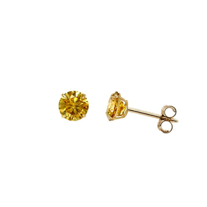 14K Gold GRA Certified D-VVS1 Round Yellow Moissanite Push Back Studs Earrings