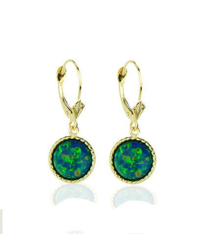 14k Yellow Gold Opal Round Flat Dangle Leverback Earrings