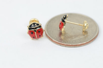 14k Yellow Gold Red and Black Enamel Lady Bug Baby earrings, Screw Back
