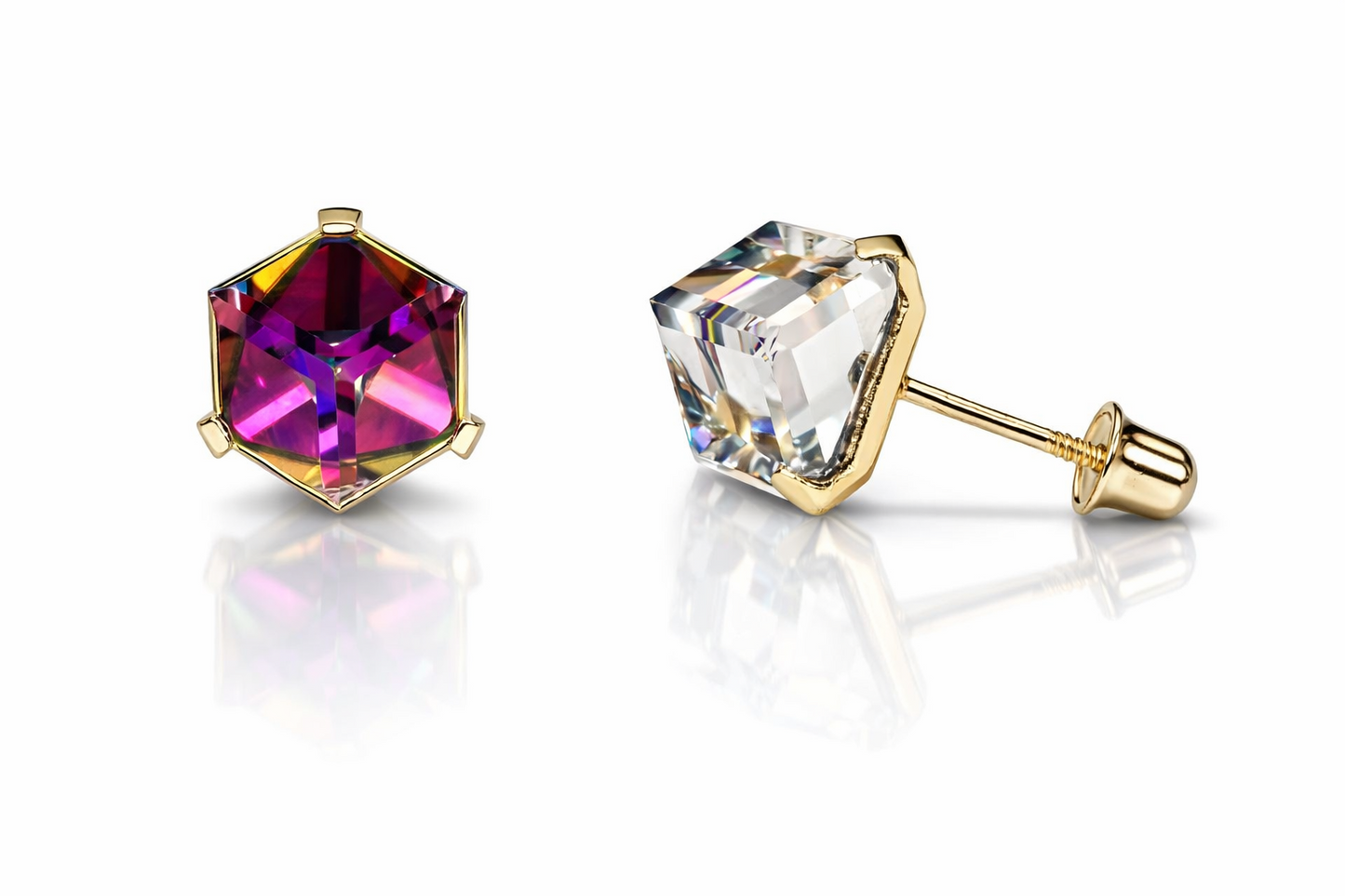 14k Yellow Gold Pretty Cube Tornasol  Stud Earrings for Women