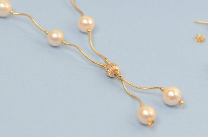 14k Yellow Gold Natural White Pearls 3pcs Women Set:Necklace, Bracelet, Earrings