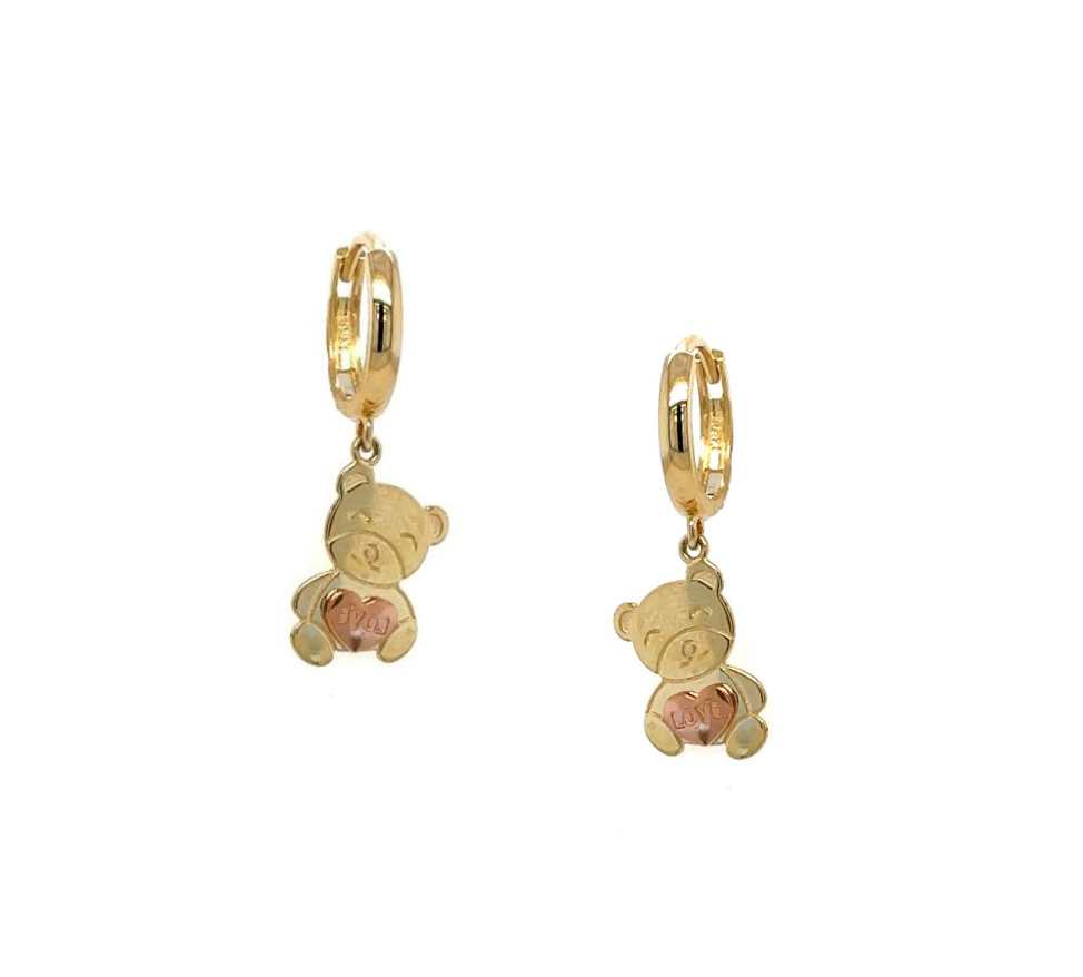 14k Yellow and Rose Gold Dangle Bear Hoop Huggie Earrings