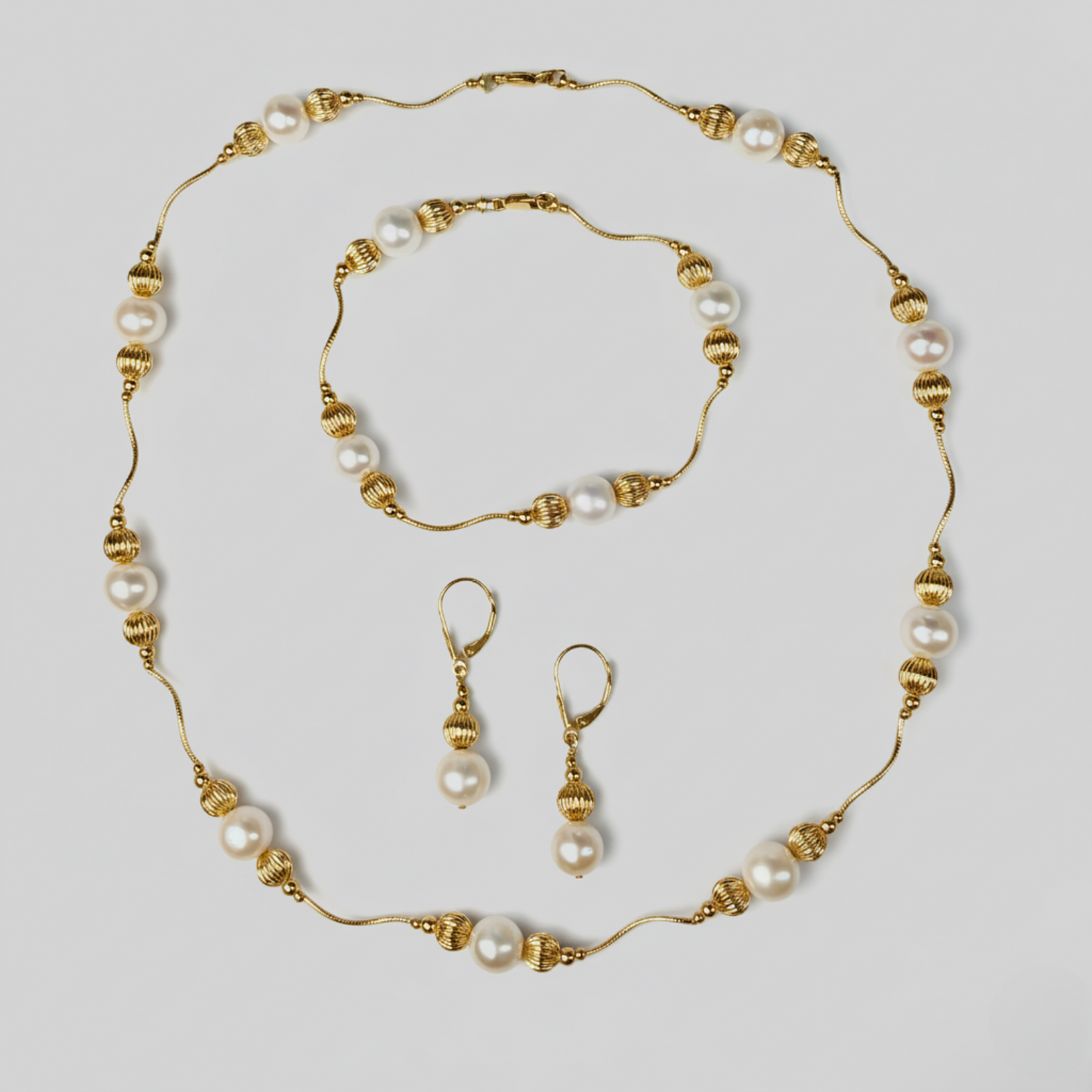 14K Yellow Gold Genuine White Pearl Jewelry Sets for Women Elegant Jewelry Gift