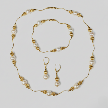 14K Yellow Gold Genuine White Pearl Jewelry Sets for Women Elegant Jewelry Gift