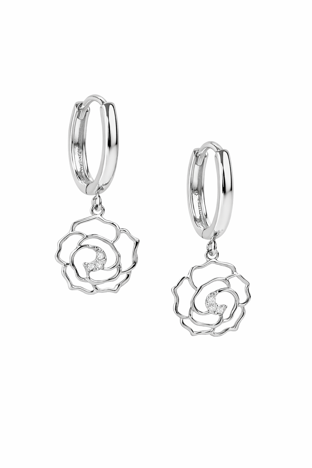 14k Yellow / White Gold Dangle CZ Flower Huggie Earrings