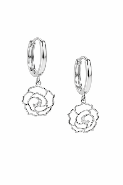 14k Yellow / White Gold Dangle CZ Flower Huggie Earrings