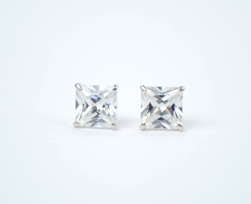 14k White Gold Square Princess Cut CZ Stud Earrings with screw back 3-7mm