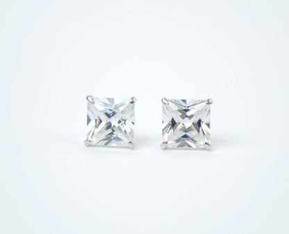 14k White Gold Square Princess Cut CZ Stud Earrings with screw back 3-7mm