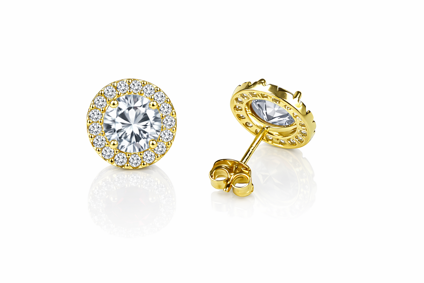 14K Solid Yellow Gold Round Halo CZ Stud Push Back Earrings