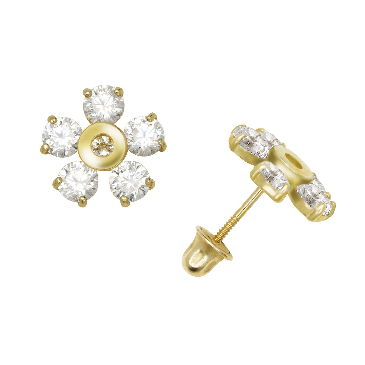 14k Yellow or White Gold CZ Flower Birthstone Stud Screw Back Earrings