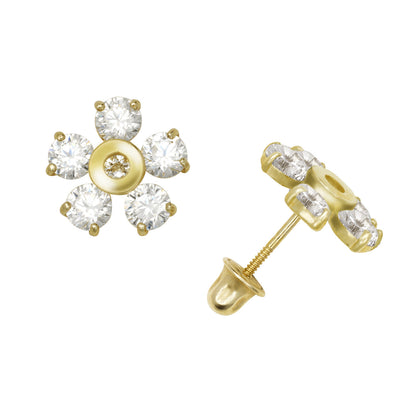 14k Yellow or White Gold CZ Flower Birthstone Stud Screw Back Earrings