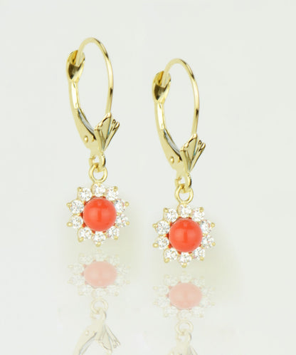 14k-Yellow-Gold-Coral Flower-CZ-Dangle-Earrings