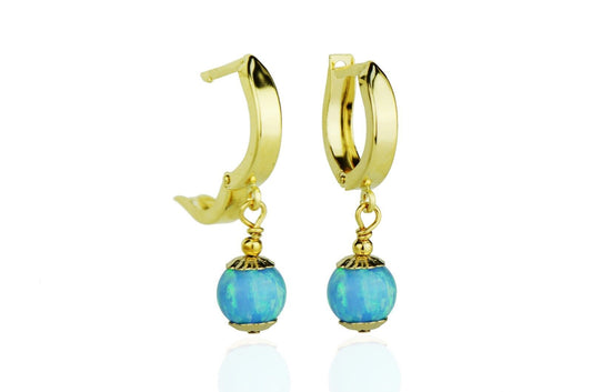 14k Yellow Gold Light Blue Opal Huggie Dangle Earrings