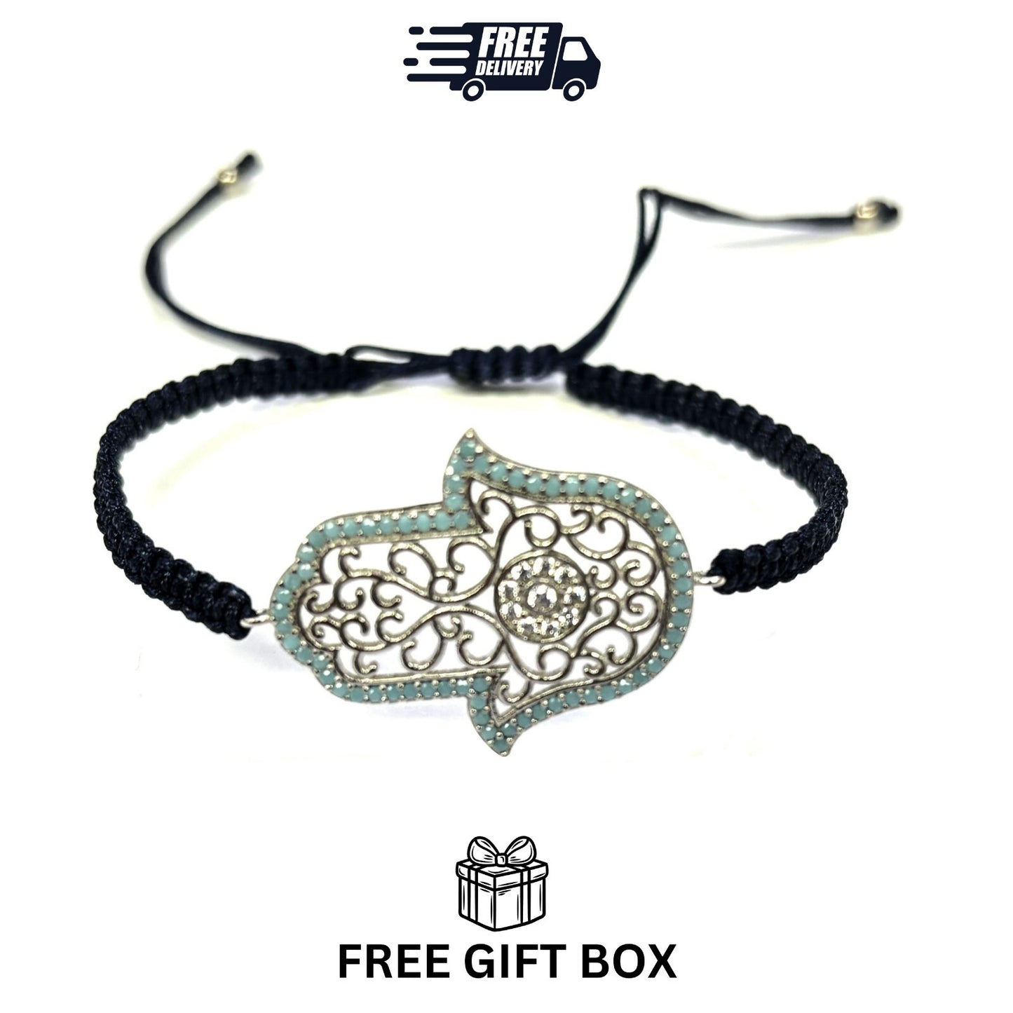 925 Sterling Silver  C Z Hamsa Bracelet 6" Adjustable to 11"