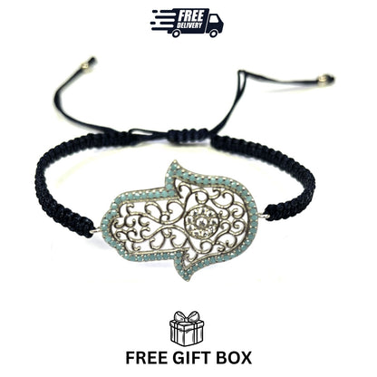 925 Sterling Silver  C Z Hamsa Bracelet 6" Adjustable to 11"