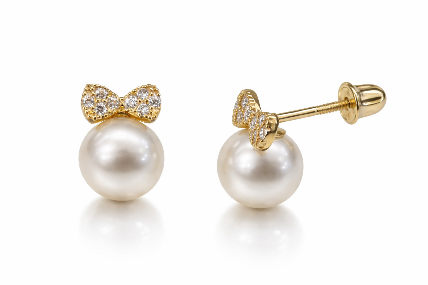 14K Yellow and White Gold Bow Tie Pearl CZ Stud Earring