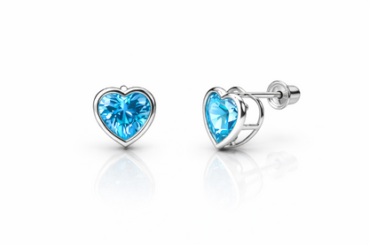 14K Solid White Gold Heart Birthstone Stud Earrings 6MM X 6MM