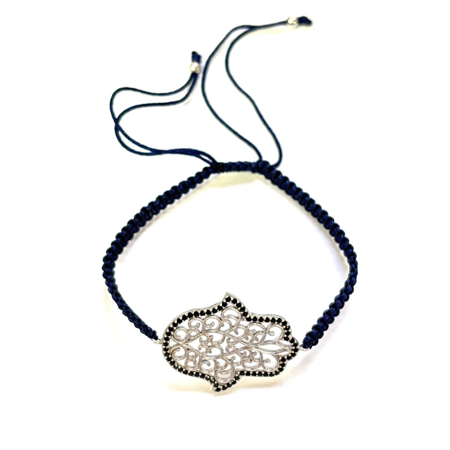 925 Sterling Silver  C Z Hamsa Bracelet 6" Adjustable to 11"