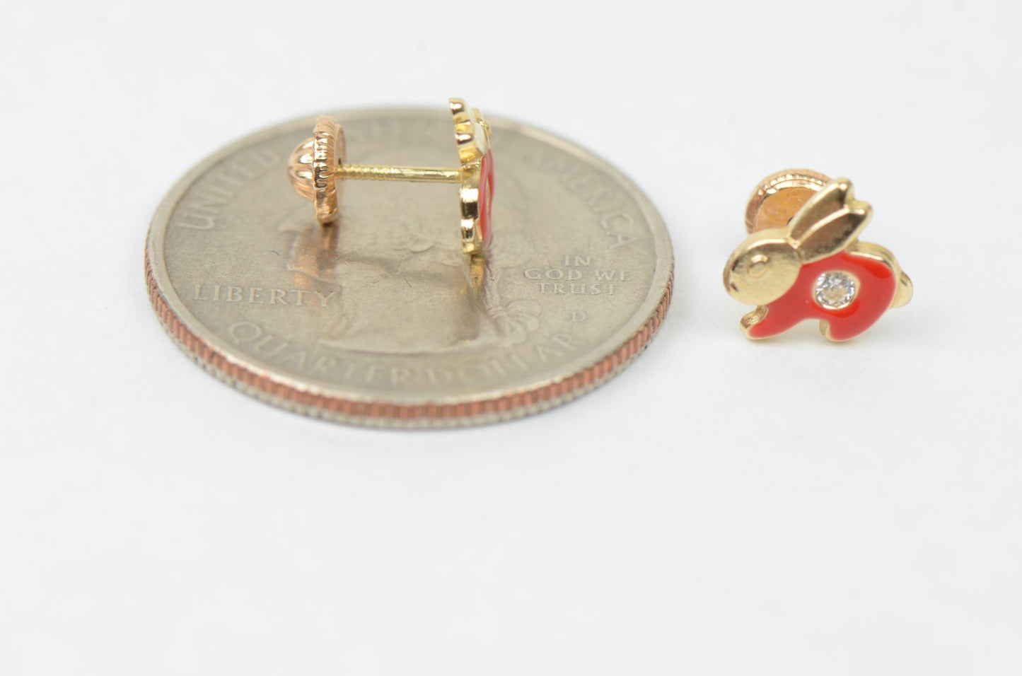 14k Yellow Gold Enamel and CZ Rabbit Baby earrings, Screw Back