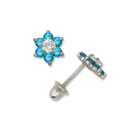 14k White Gold CZ Flower Birthstone Stud Screw Back Earrings