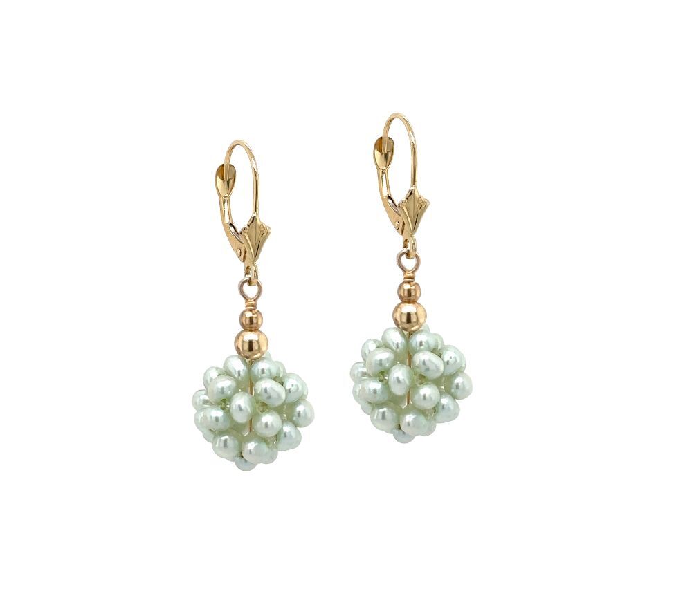 14k Yellow Gold Dangle Freshwater Pearl Cluster Leverback Earrings