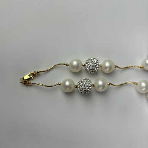 14K Yellow Gold Freshwater Pearl Bracelets with Czech Crystal for Women