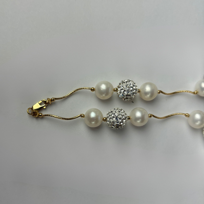 14K Yellow Gold Freshwater Pearl Bracelets with Czech Crystal for Women