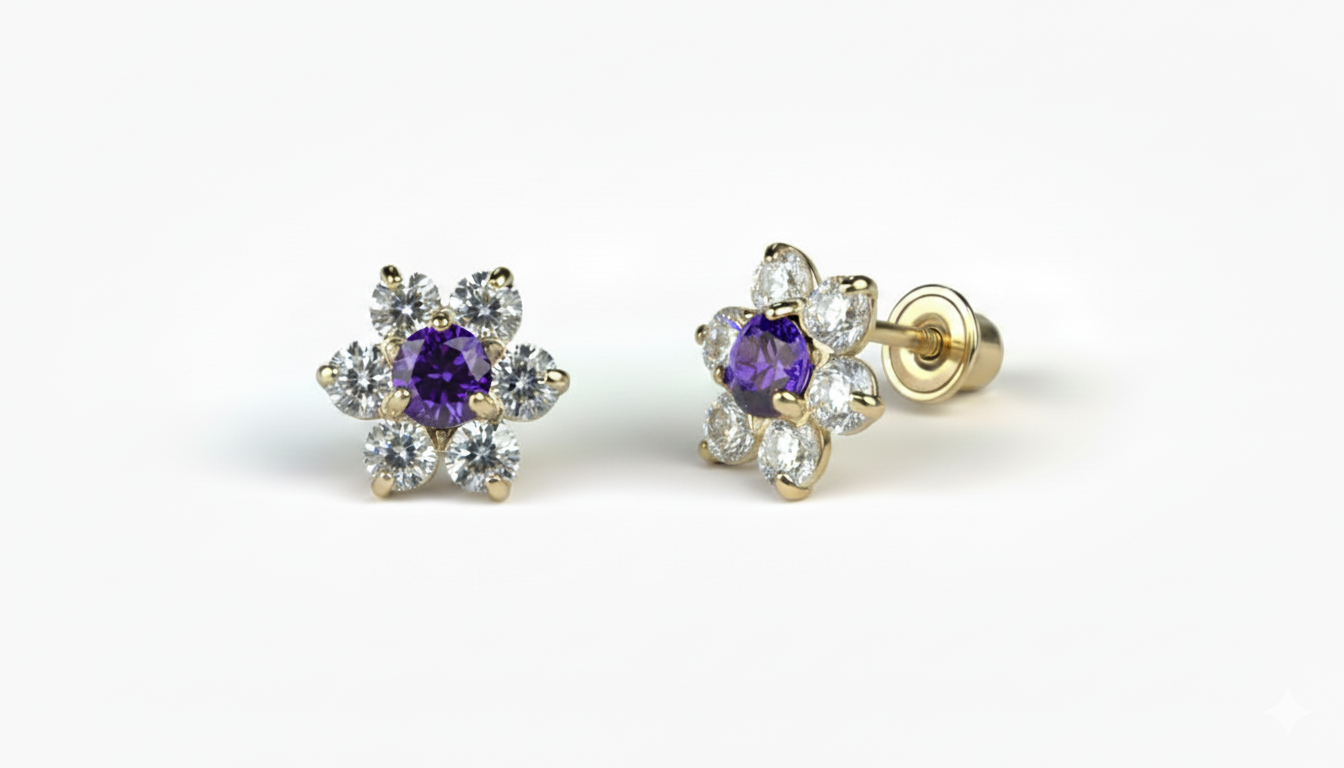 14K Yellow Gold Beautiful Flower CZ Stud Earrings for Women