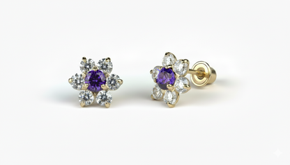 14K Yellow Gold Beautiful Flower CZ Stud Earrings for Women